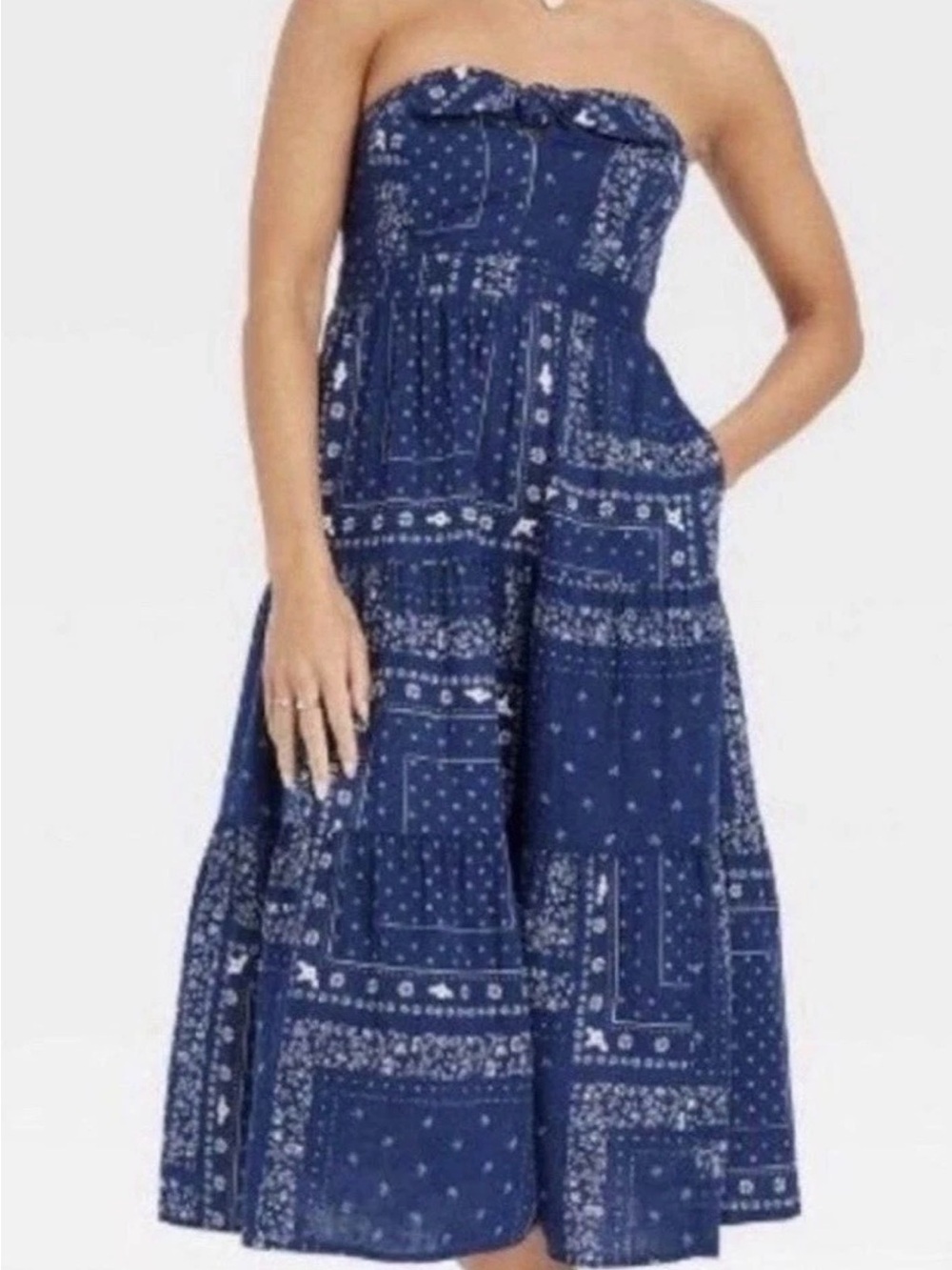 Universal Thread Strapless Navy Bandana-Boho Print Midi Dress with  Pockets